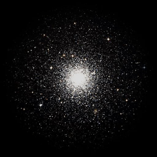 Survey photograph of Gumball Globular Cluster: 27′ of sky, north up and east to the left, with the stars around it taken out