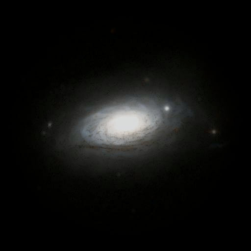 Survey photograph of Sunflower Galaxy: 21′ of sky, north up and east to the left, with the stars around it taken out