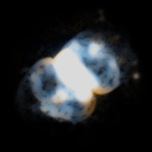 Survey photograph of Little Dumbbell Nebula: 4.8′ of sky, north up and east to the left, with the stars around it taken out
